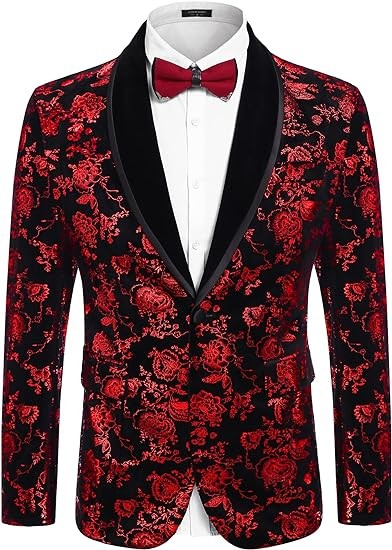 COOFANDY Men's Floral Tuxedo Jacket Shawl Lapel One Button Velvet Suit Jacket Dinner Prom Party Wedding Blazer